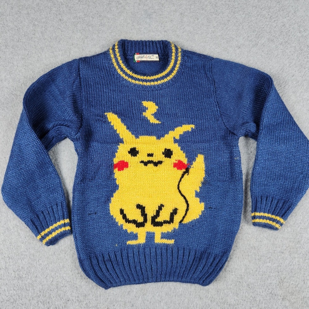 Knit 4 U Sweater Kids 2T 22 Blue Tight Knit Yellow Anime Character Crew Neck